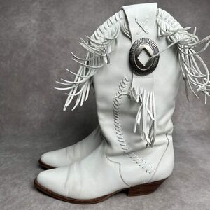 Circle S Tonka Fringed White Leather Western Cowboy Boots Size 8.5 Vintage